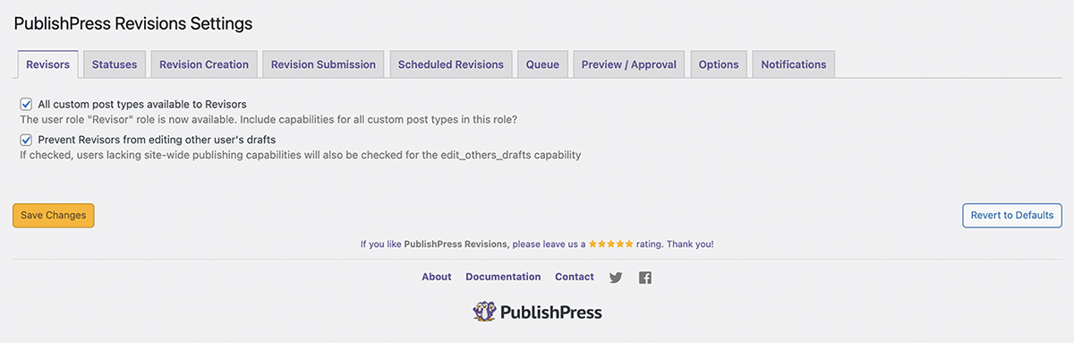 PublishPress Revisionsの無料版の設定画面