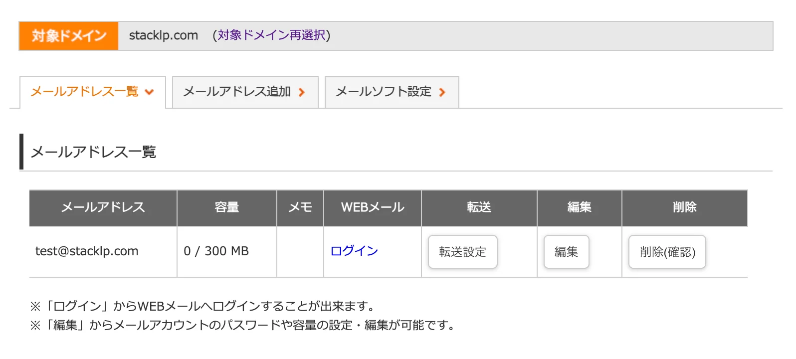 メールアドレス一覧に作成したアドレスが表示されている画面。容量、WEBメールへのログインリンク、転送設定、編集、削除のボタンがある