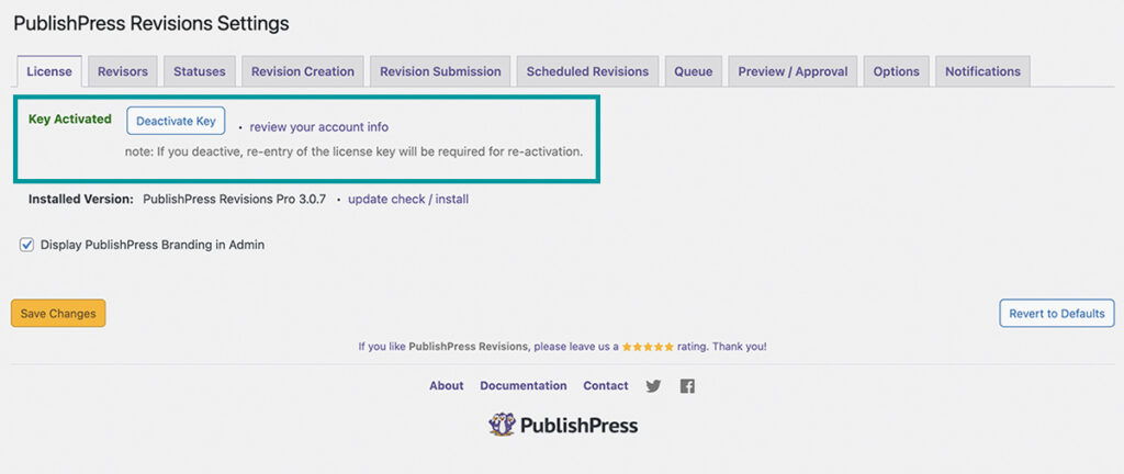 PublishPress Revisionsの有料版の設定画面